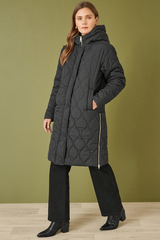 Yumi Black Padded Quilted Long Coat With Zip Detail And Hood Yumi