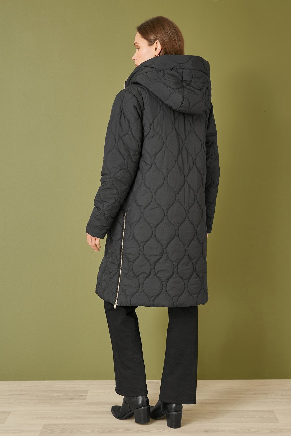 Yumi Black Padded Quilted Long Coat With Zip Detail And Hood Yumi