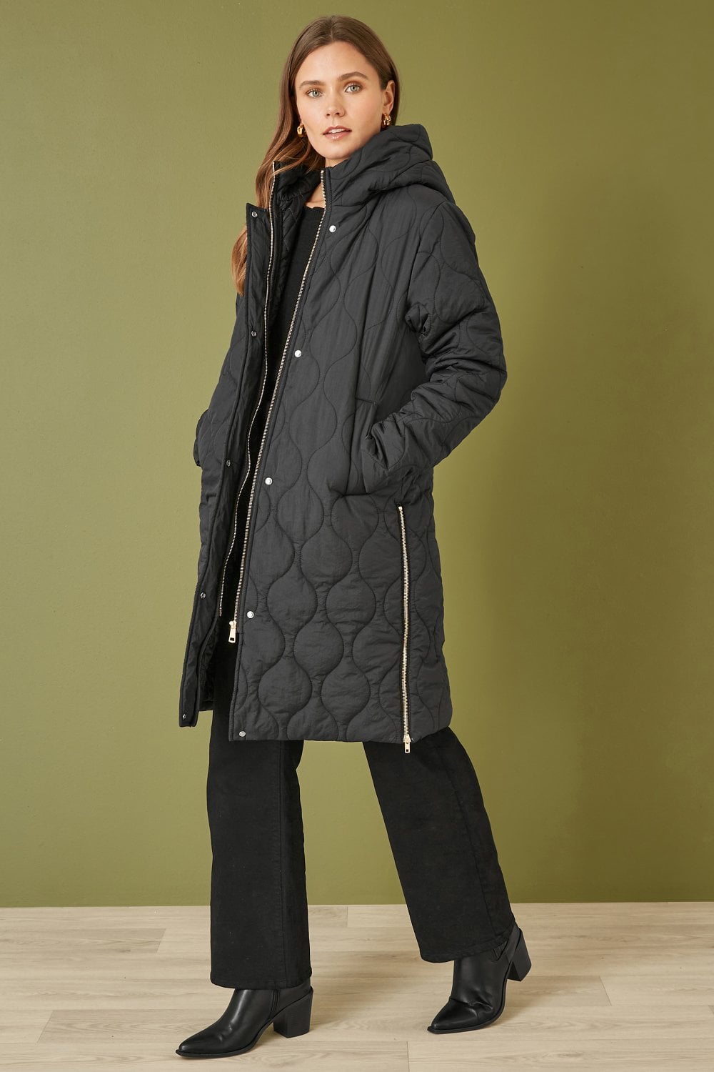 Yumi Black Padded Quilted Long Coat With Zip Detail And Hood Yumi