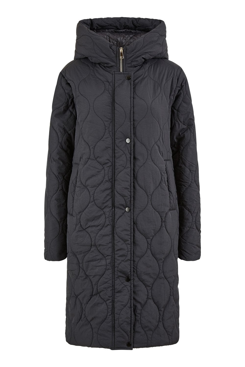 Yumi Black Padded Quilted Long Coat With Zip Detail And Hood Yumi