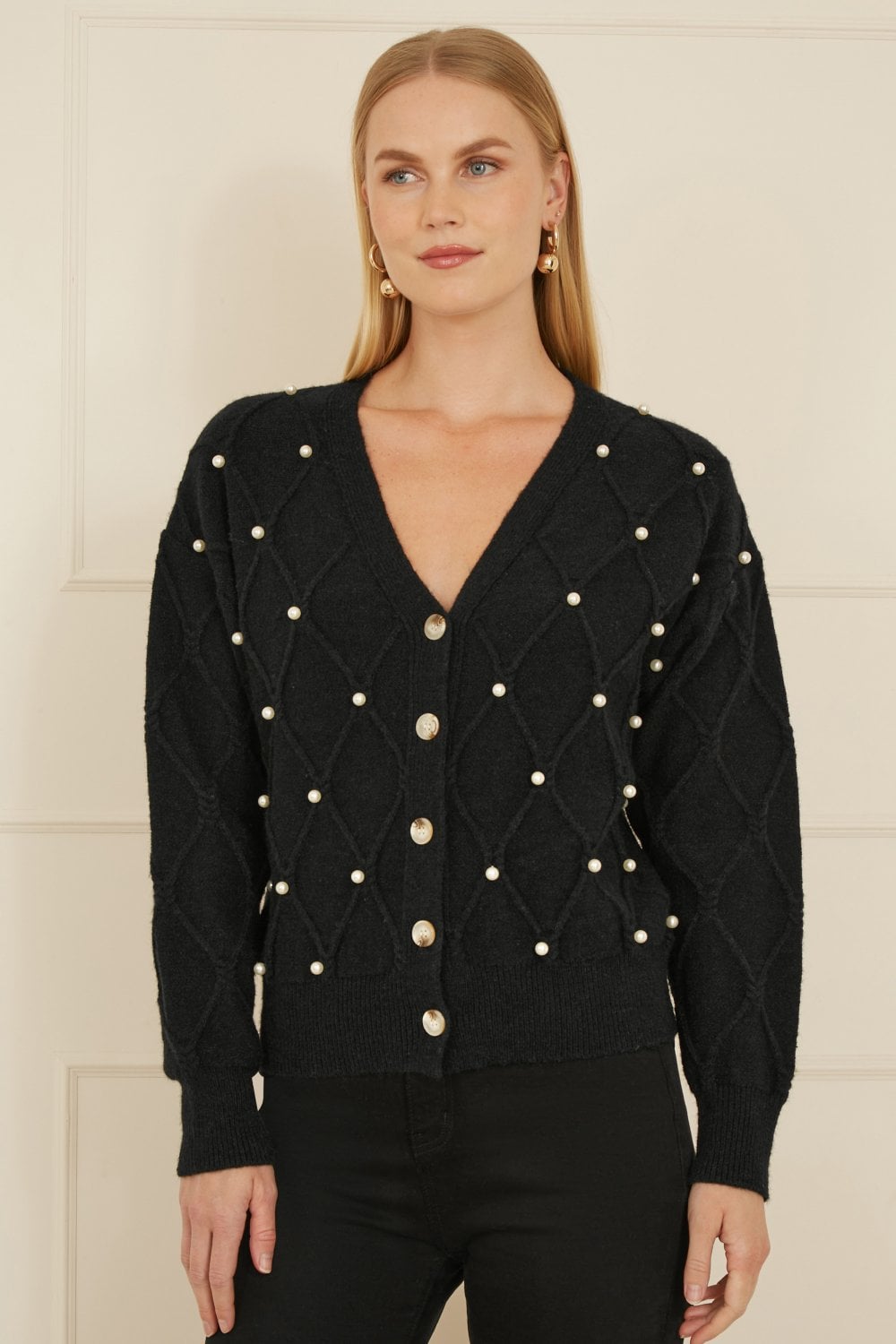 Yumi Black Pearl Cable Knit Cardigan Yumi