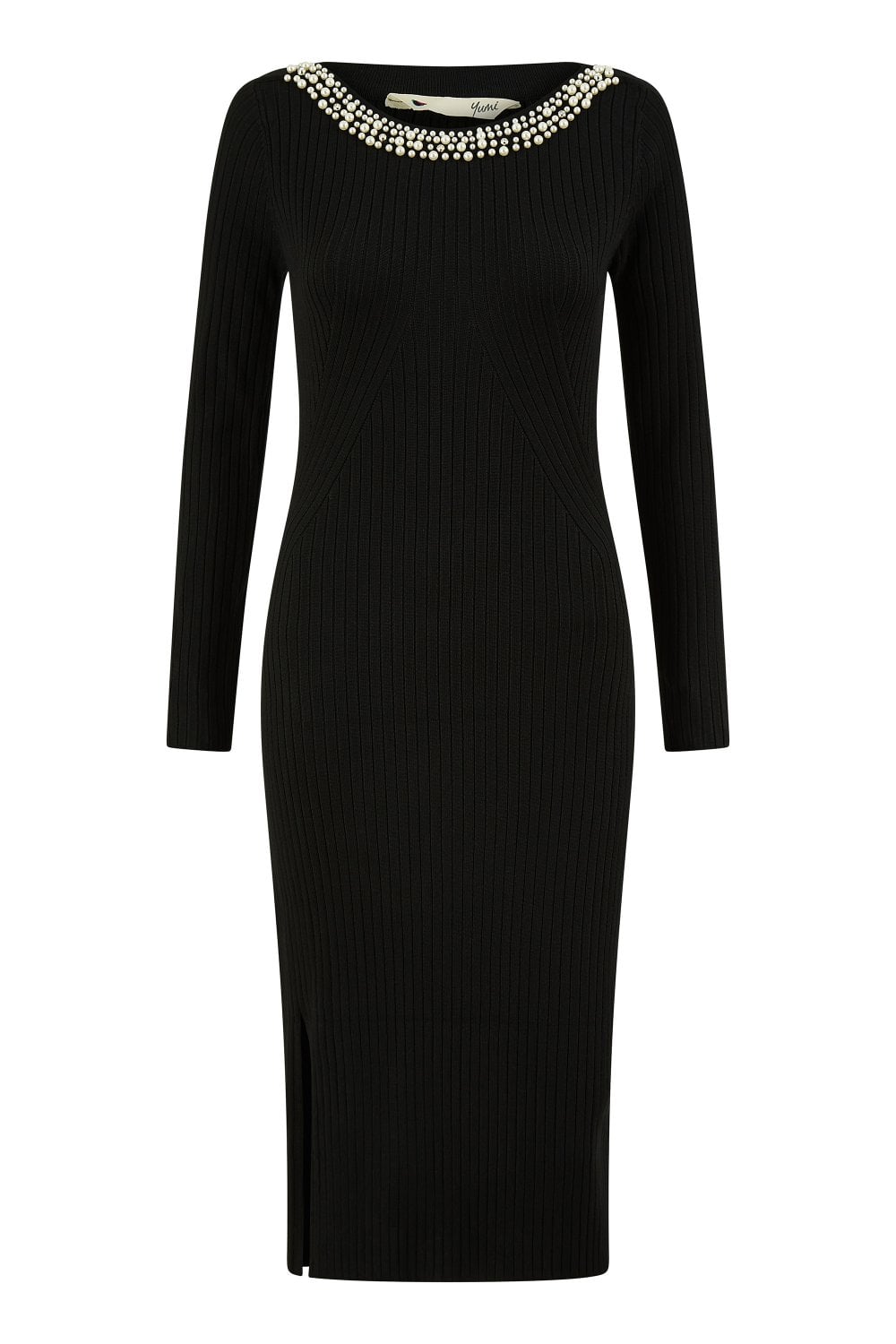 Yumi Black Pearl Neckline Fitted Midi Knitted Dress Yumi