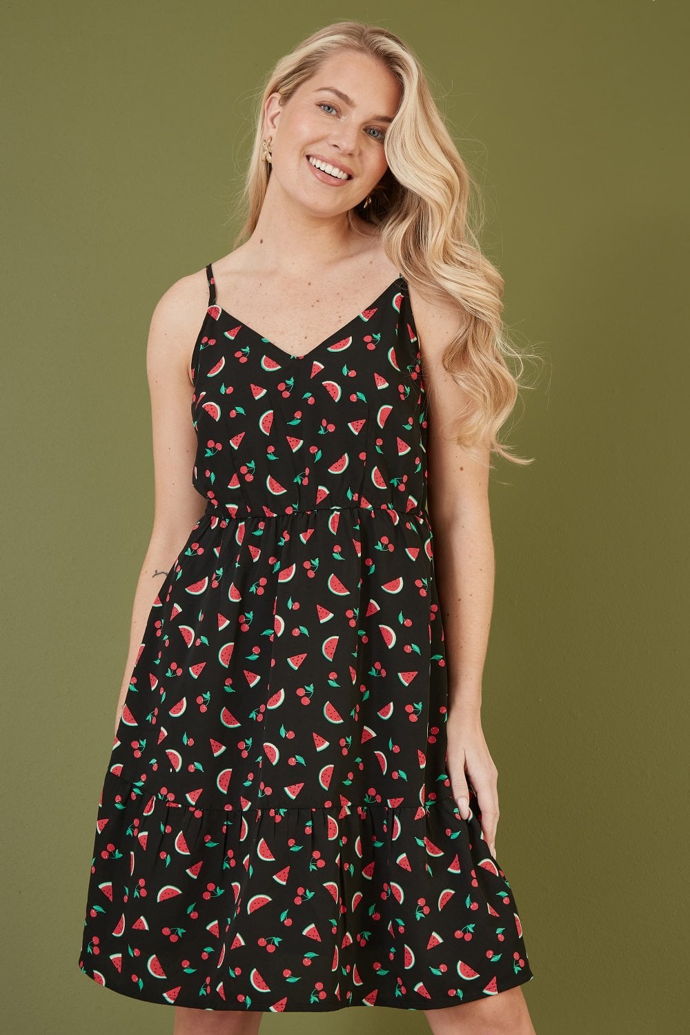 Yumi Black Recycled Fabric Watermelon Print Sundress Yumi