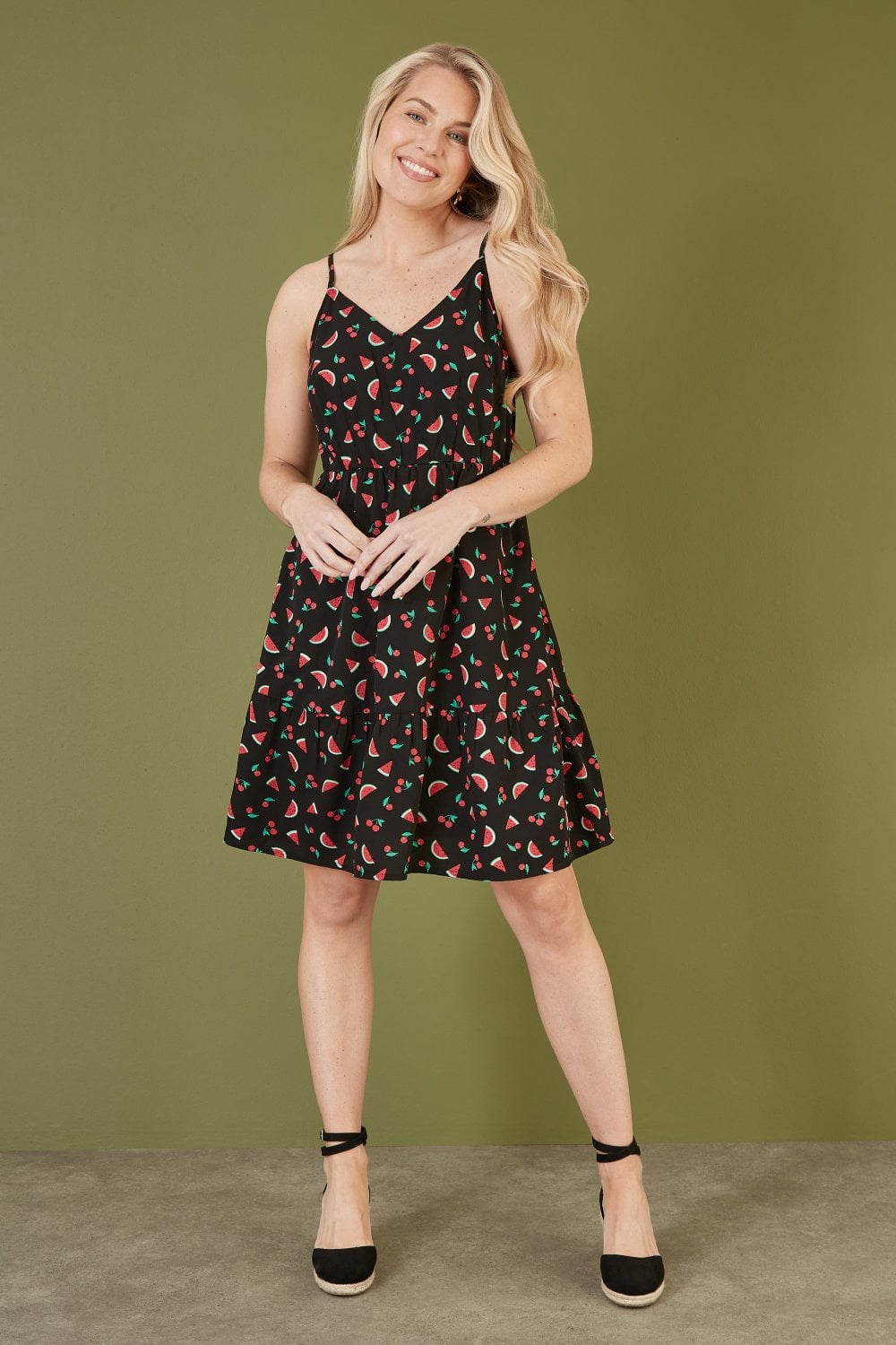 Yumi Black Recycled Fabric Watermelon Print Sundress Yumi