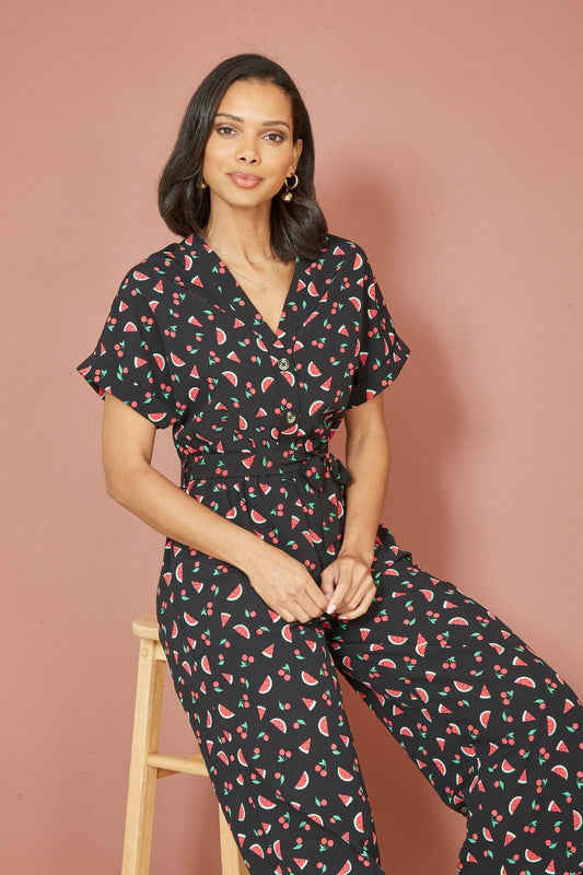 Yumi Black Recycled Watermelon Print Jumpsuit Yumi