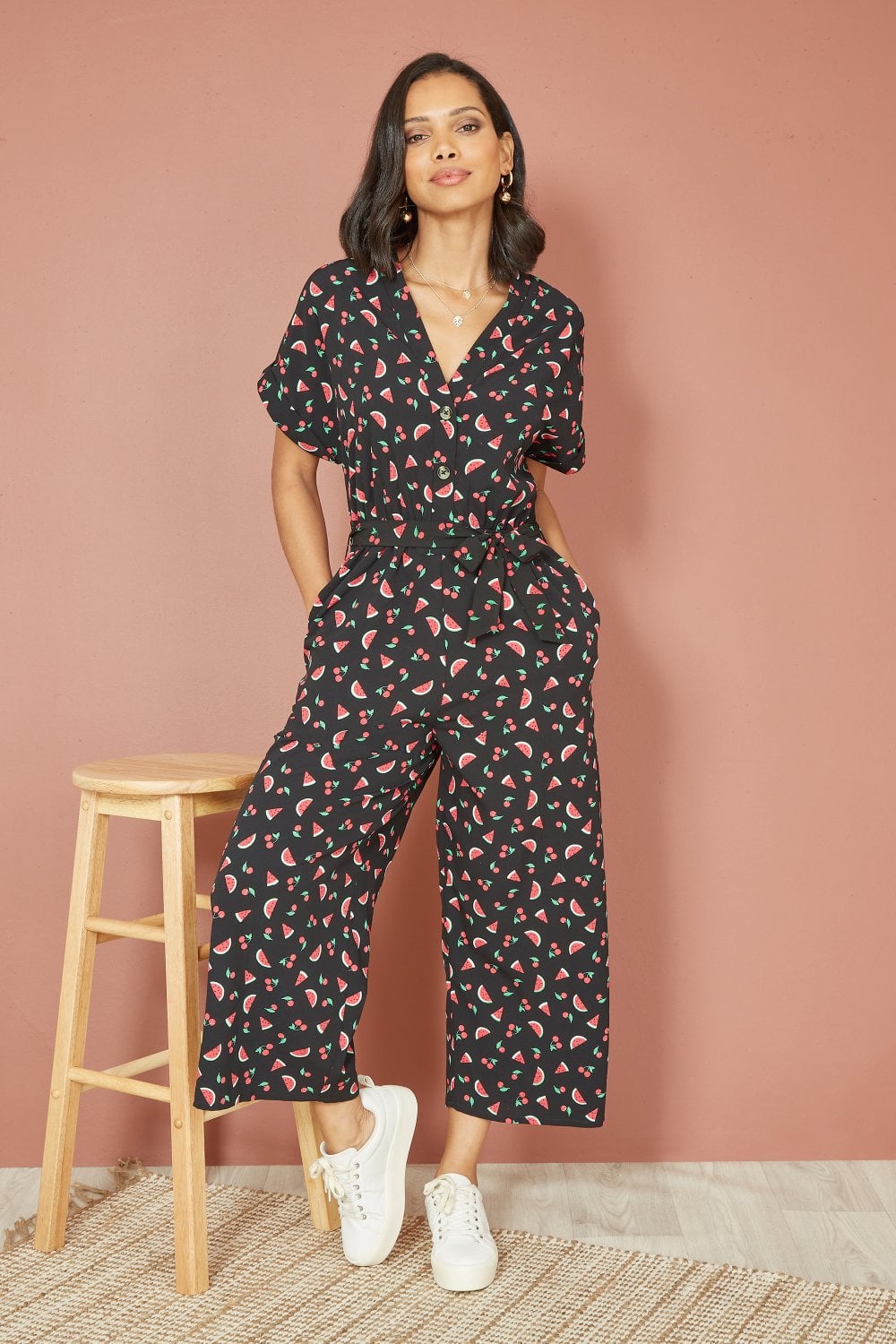 Yumi Black Recycled Watermelon Print Jumpsuit Yumi