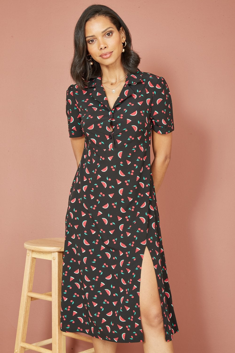 Yumi Black Recycled Watermelon Print Shirt Dress With Side Split Yumi