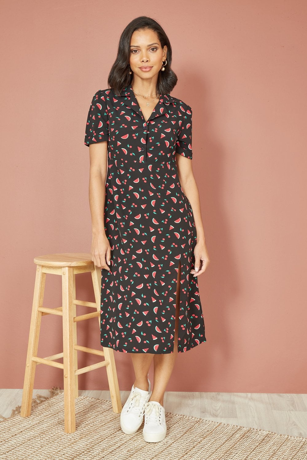 Yumi Black Recycled Watermelon Print Shirt Dress With Side Split Yumi