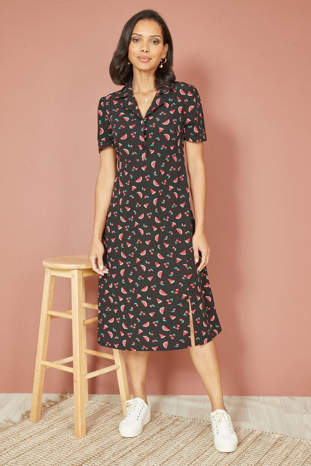 Yumi Black Recycled Watermelon Print Shirt Dress With Side Split Yumi