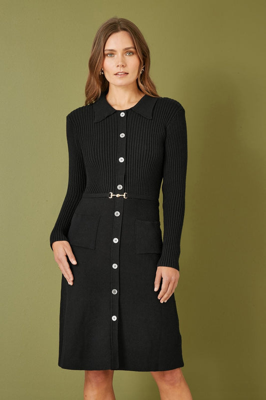 Yumi Black Rib Knit Midi Shirt Dress With Snaffle Belt Yumi