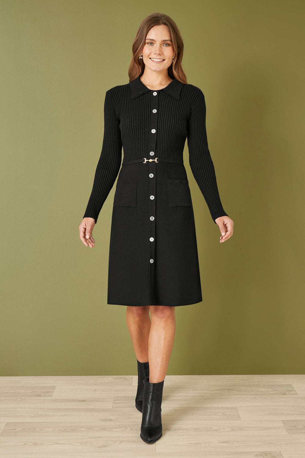 Yumi Black Rib Knit Midi Shirt Dress With Snaffle Belt Yumi