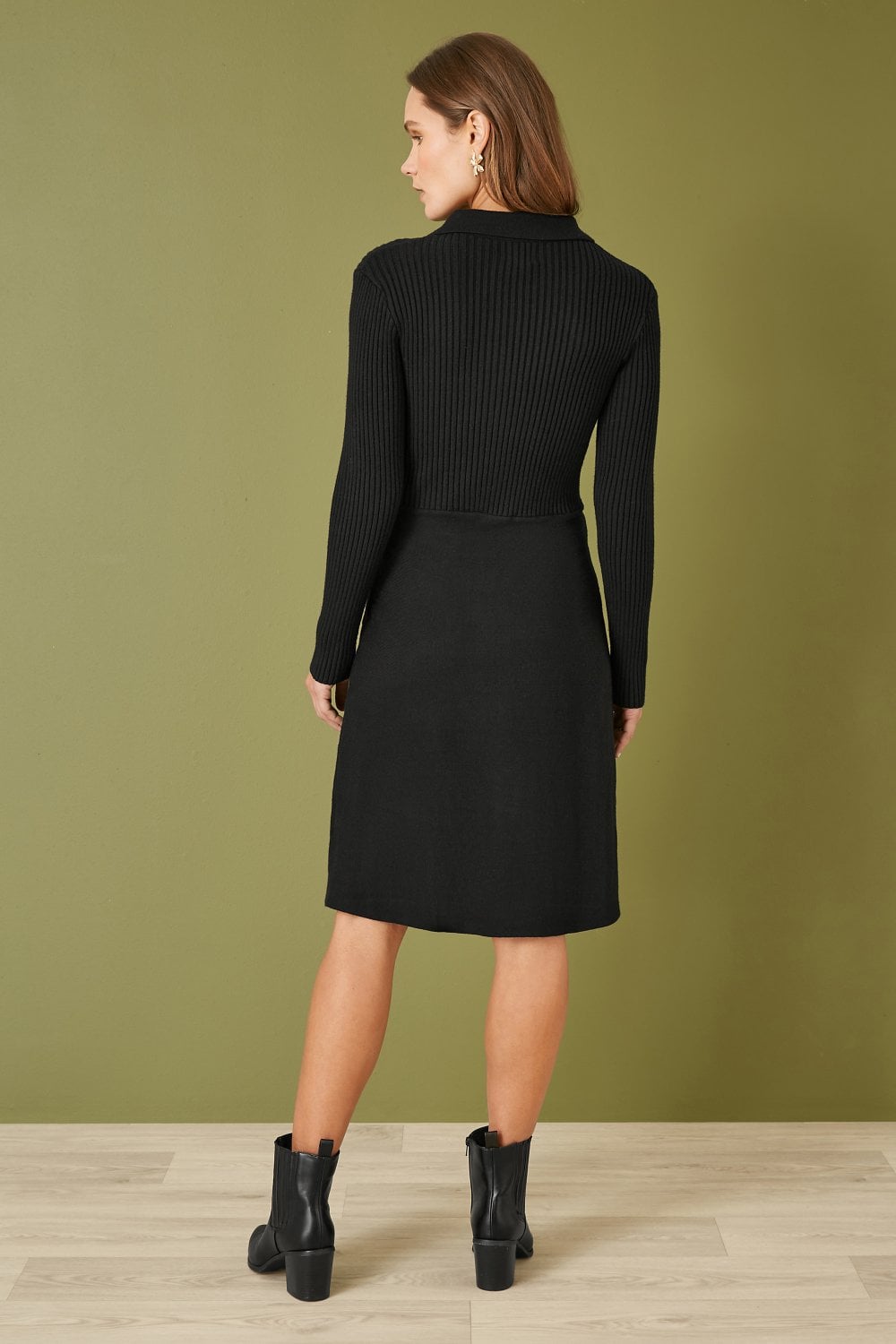 Yumi Black Rib Knit Midi Shirt Dress With Snaffle Belt Yumi