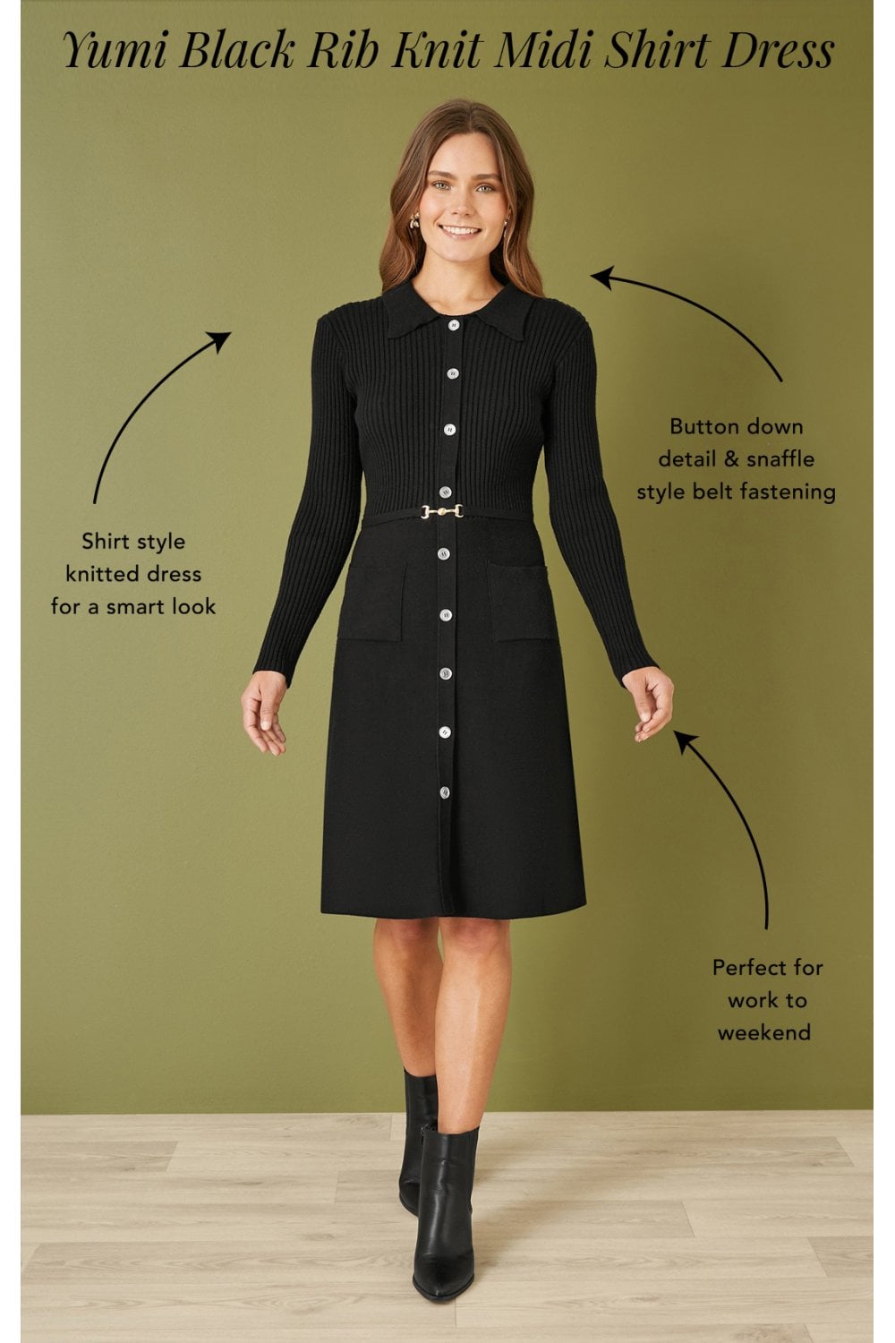 Yumi Black Rib Knit Midi Shirt Dress With Snaffle Belt Yumi