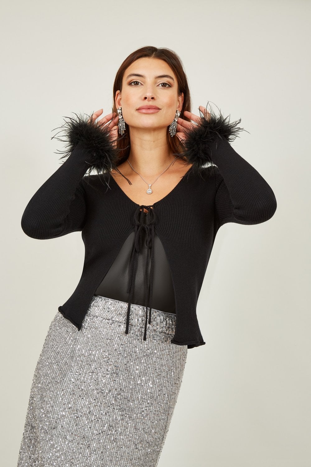 Yumi Black Ribbed Bolero With Feather Cuffs Yumi