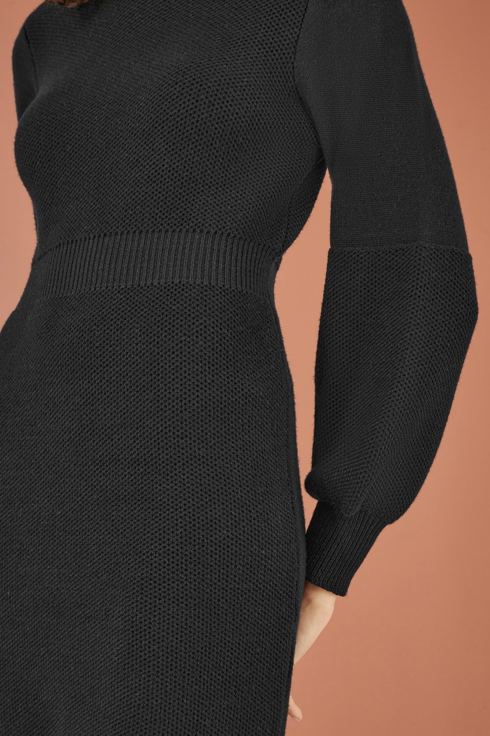 Yumi Black Roll Neck Knitted Dress With Fitted Waist Yumi