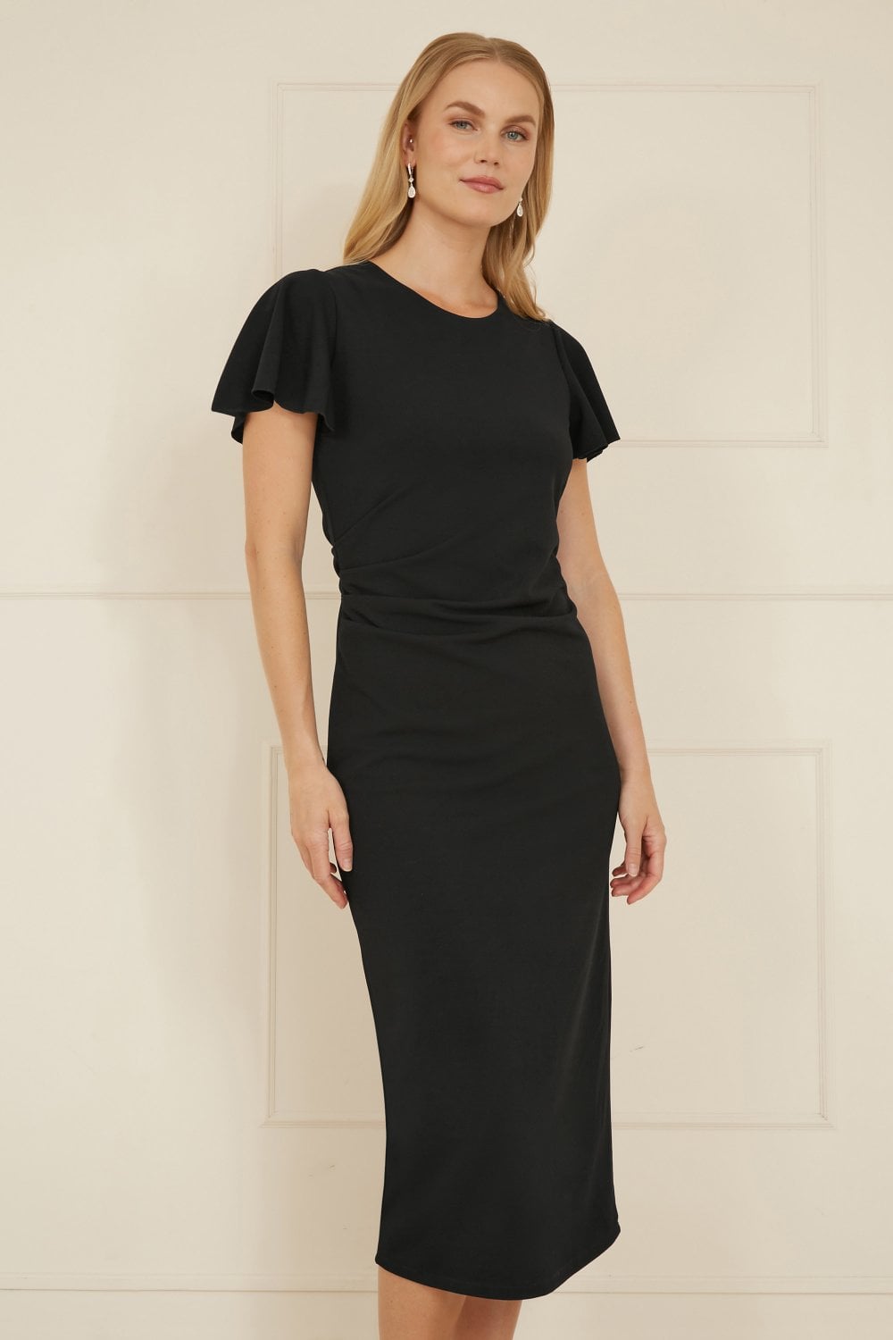 Yumi Black Ruched Waist Stretch Midi Dress Yumi