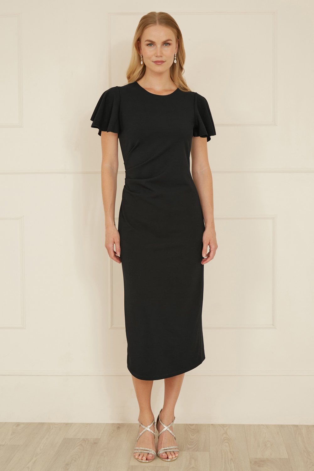 Yumi Black Ruched Waist Stretch Midi Dress Yumi