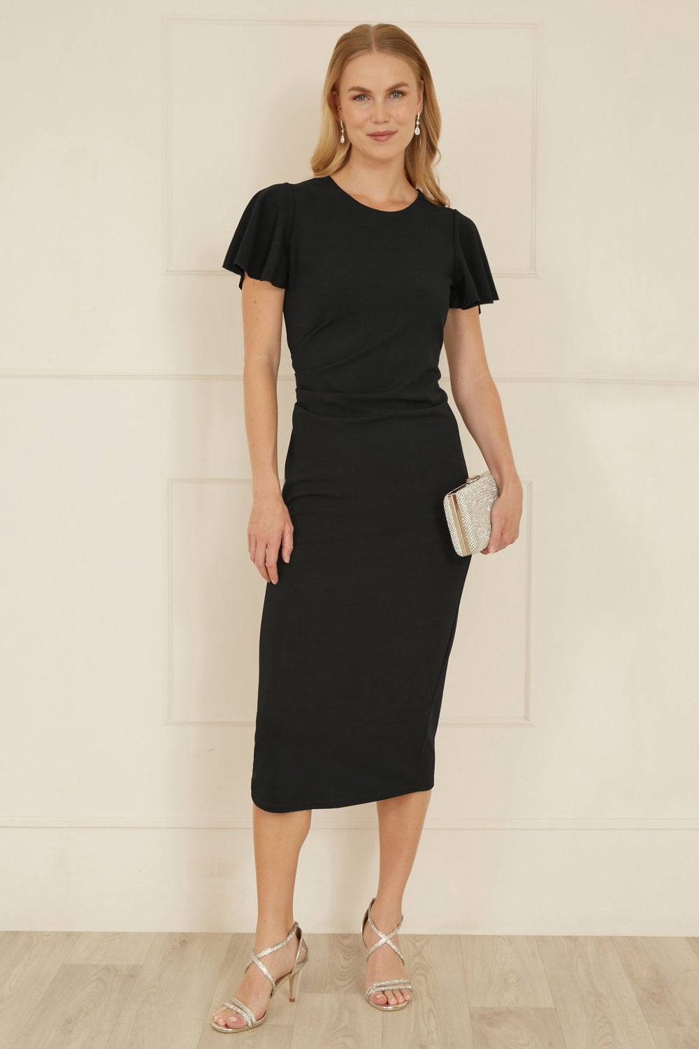 Yumi Black Ruched Waist Stretch Midi Dress Yumi