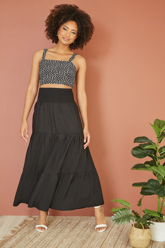 Yumi Black Ruched Waist Tiered Midi Skirt Yumi