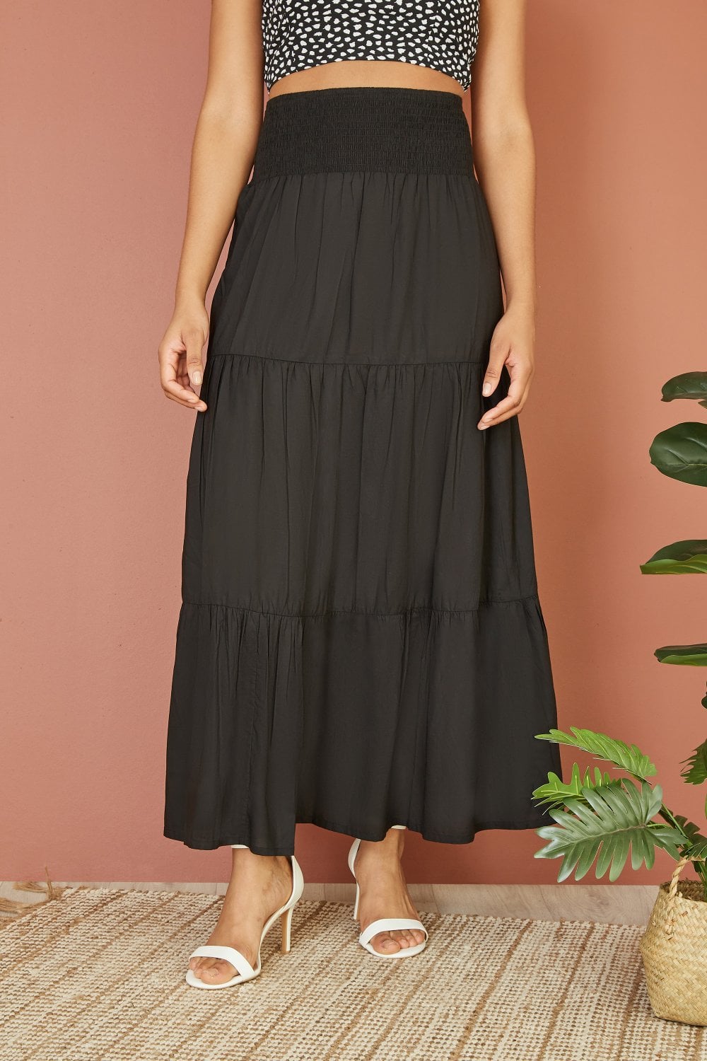 Yumi Black Ruched Waist Tiered Midi Skirt Yumi