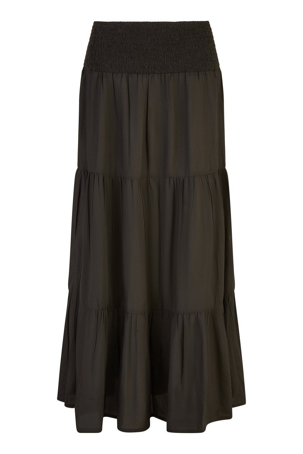 Yumi Black Ruched Waist Tiered Midi Skirt Yumi