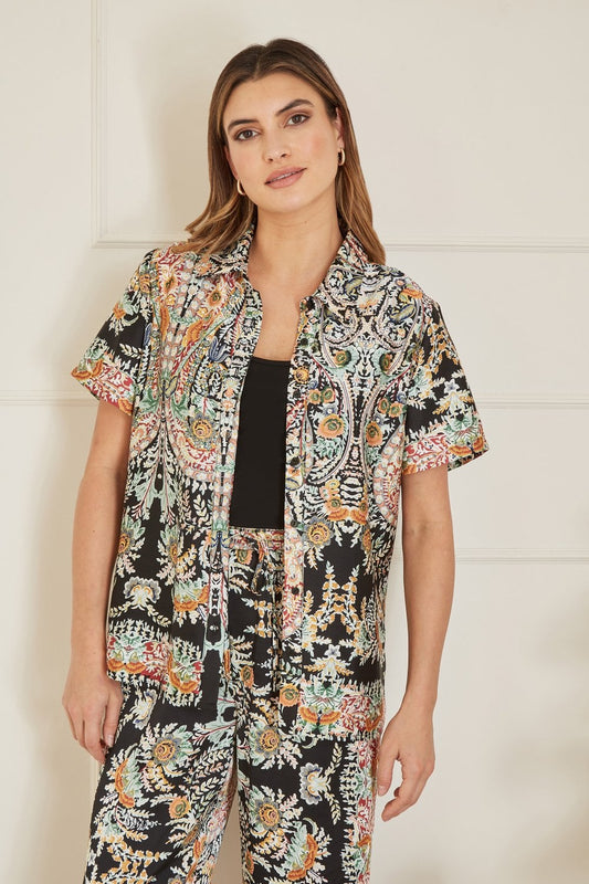 Yumi Black Satin Paisley Print Short Sleeve Shirt Yumi