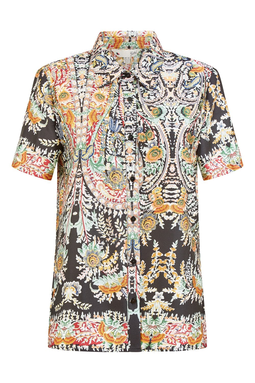 Yumi Black Satin Paisley Print Short Sleeve Shirt Yumi