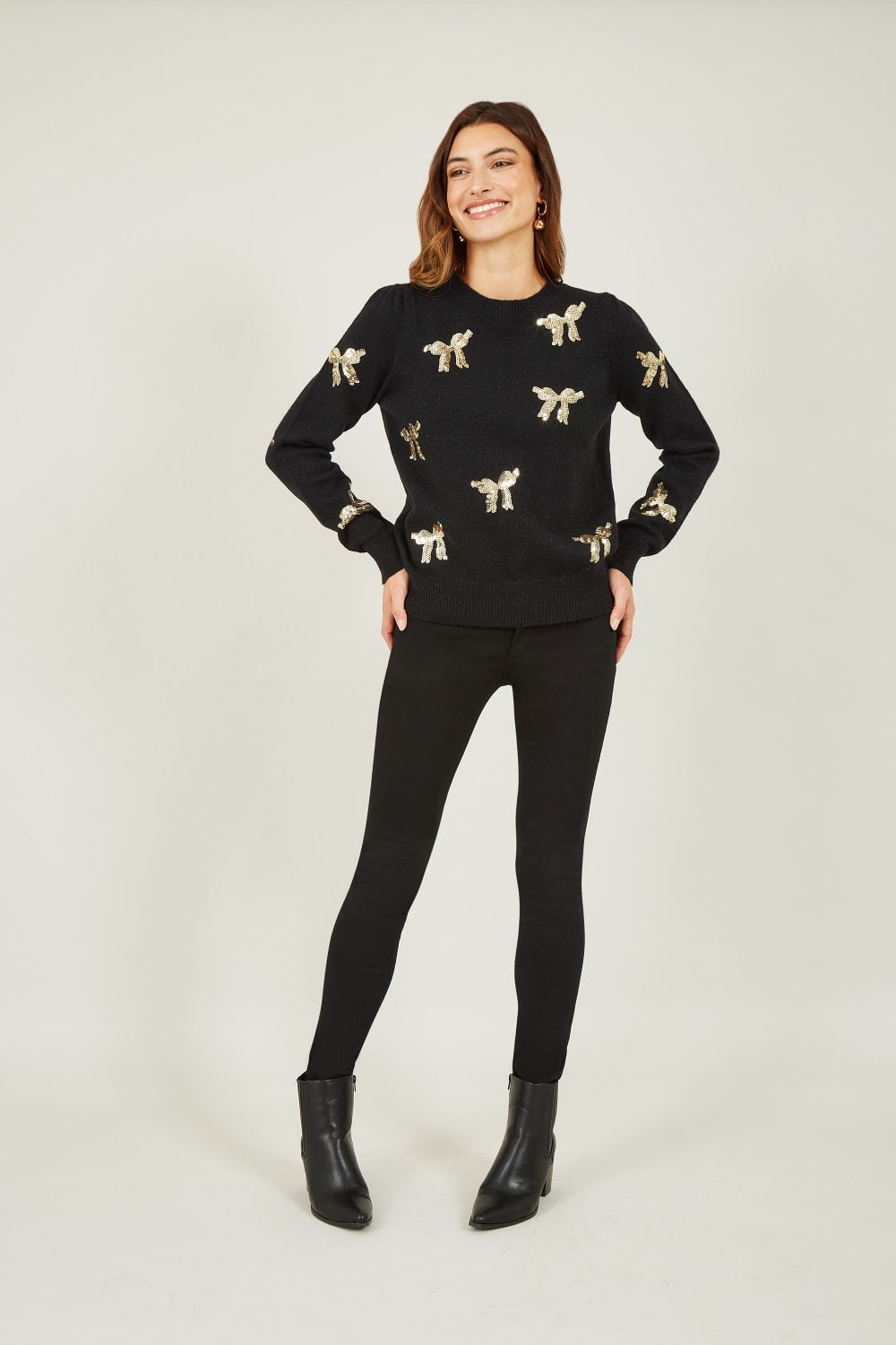 Yumi Black Sequin All Over Applique Bow Knitted Jumper Yumi