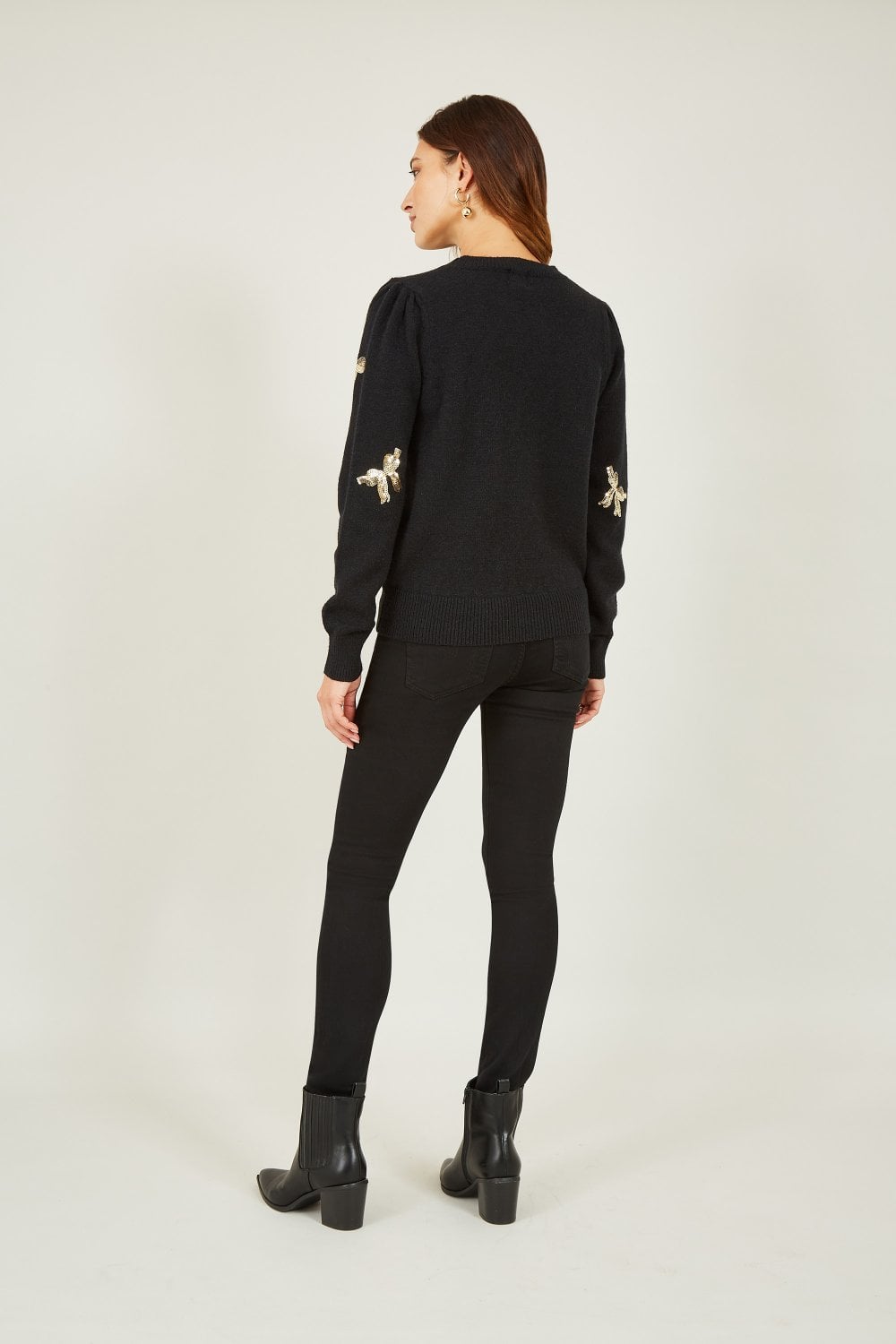 Yumi Black Sequin All Over Applique Bow Knitted Jumper Yumi