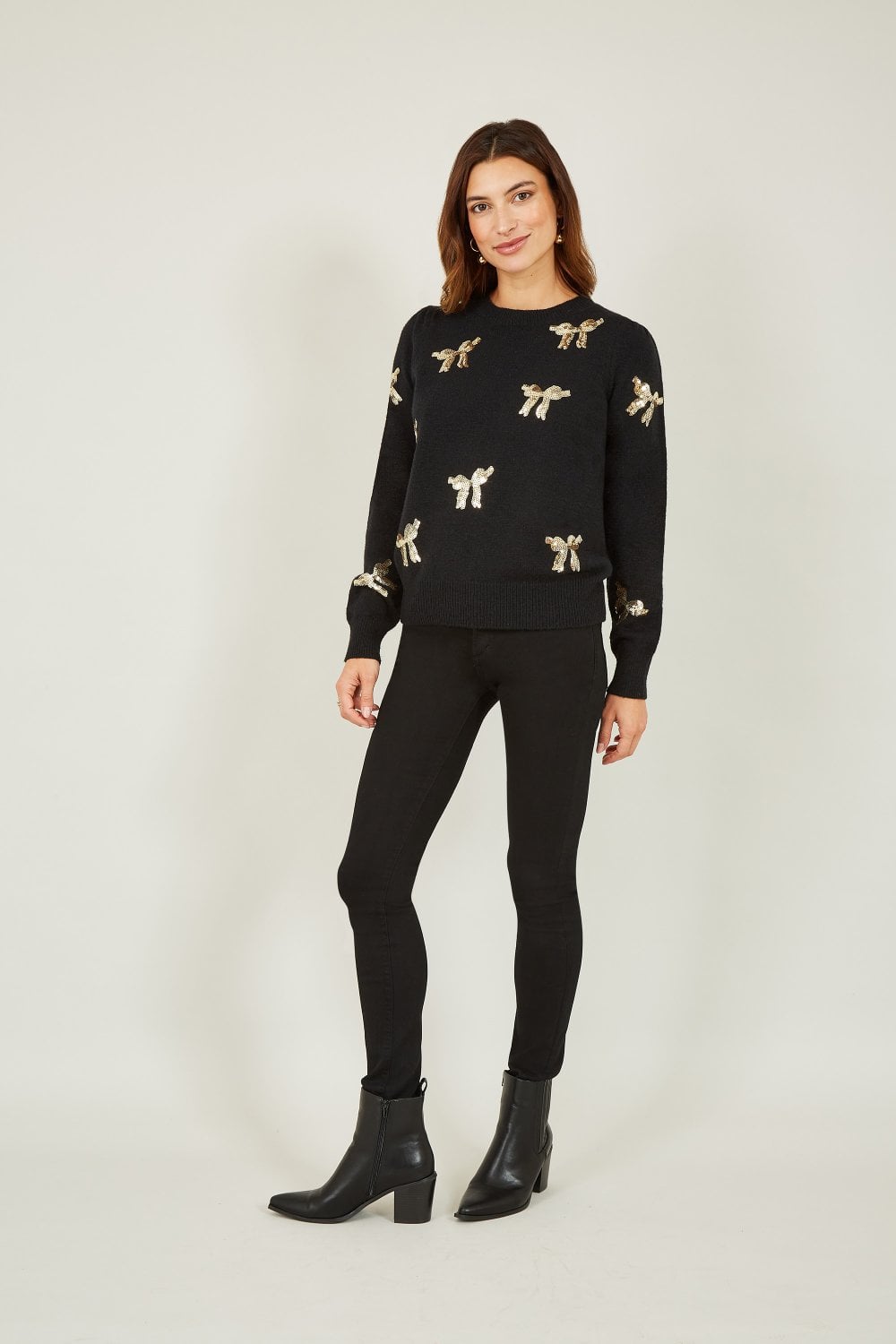 Yumi Black Sequin All Over Applique Bow Knitted Jumper Yumi