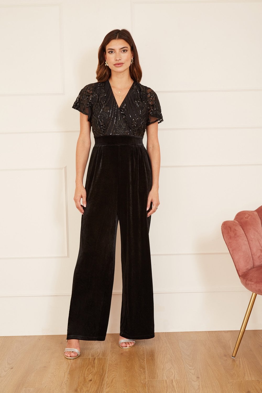 Yumi Black Sequin Embellished Velvet Jumpsuit With Angel Sleeves Yumi