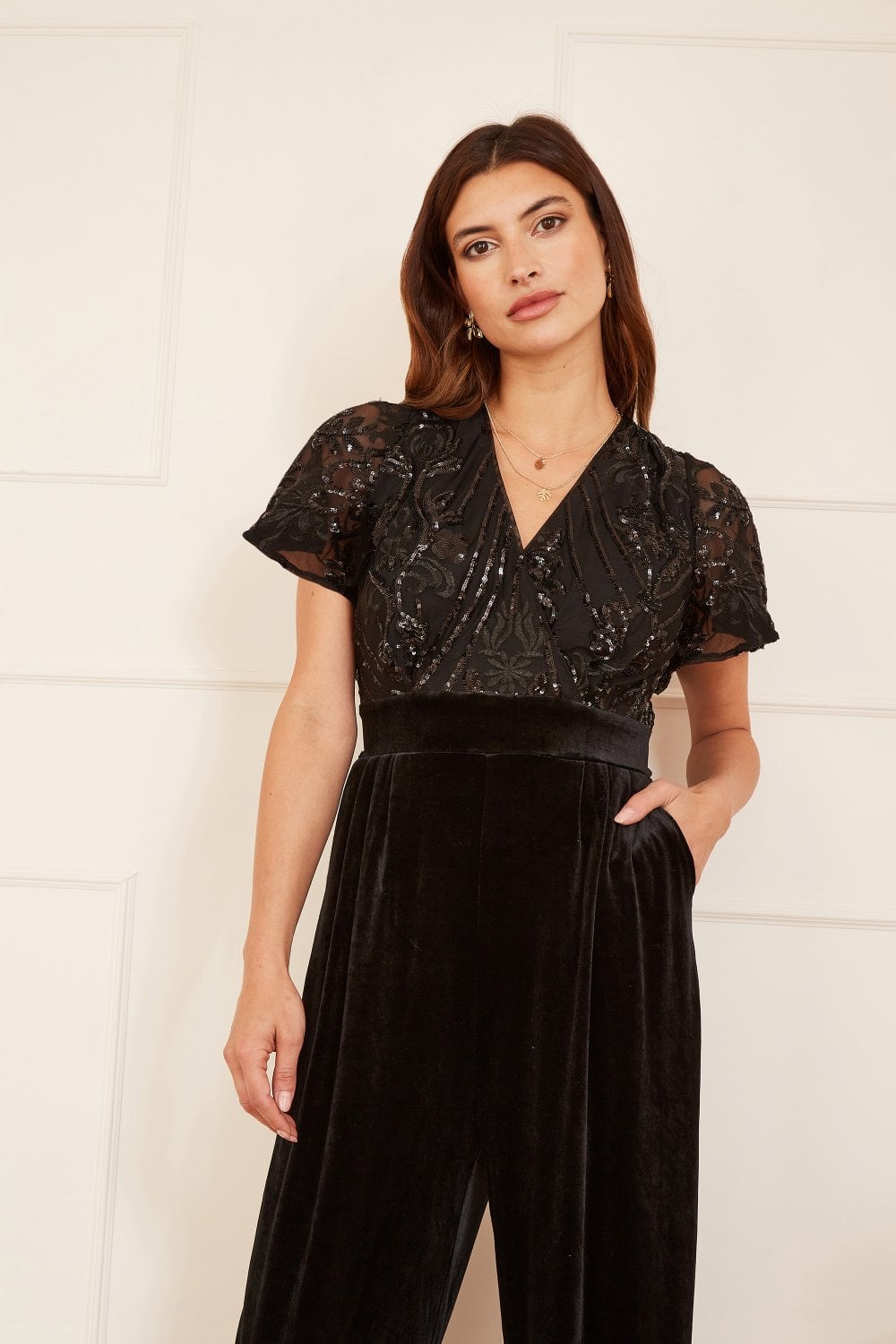 Yumi Black Sequin Embellished Velvet Jumpsuit With Angel Sleeves Yumi