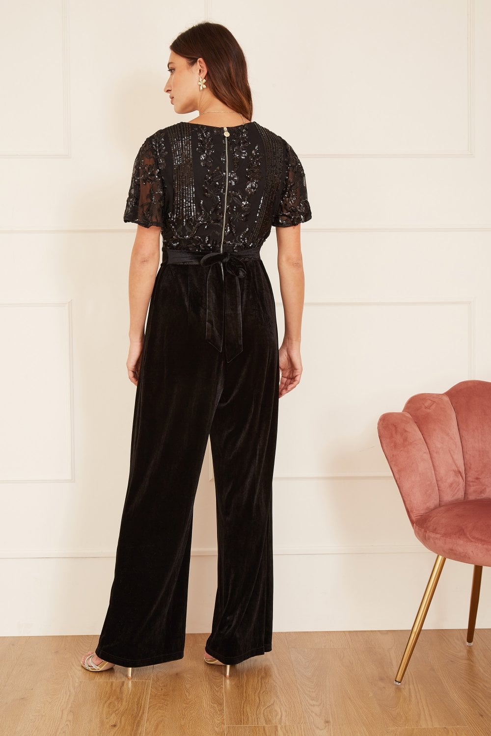 Yumi Black Sequin Embellished Velvet Jumpsuit With Angel Sleeves Yumi