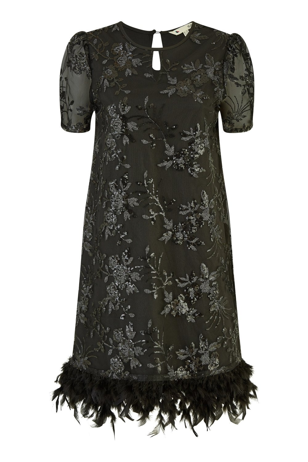 Yumi Black Sequin Embroidered Tunic Dress With Feather Trim Hemline Yumi