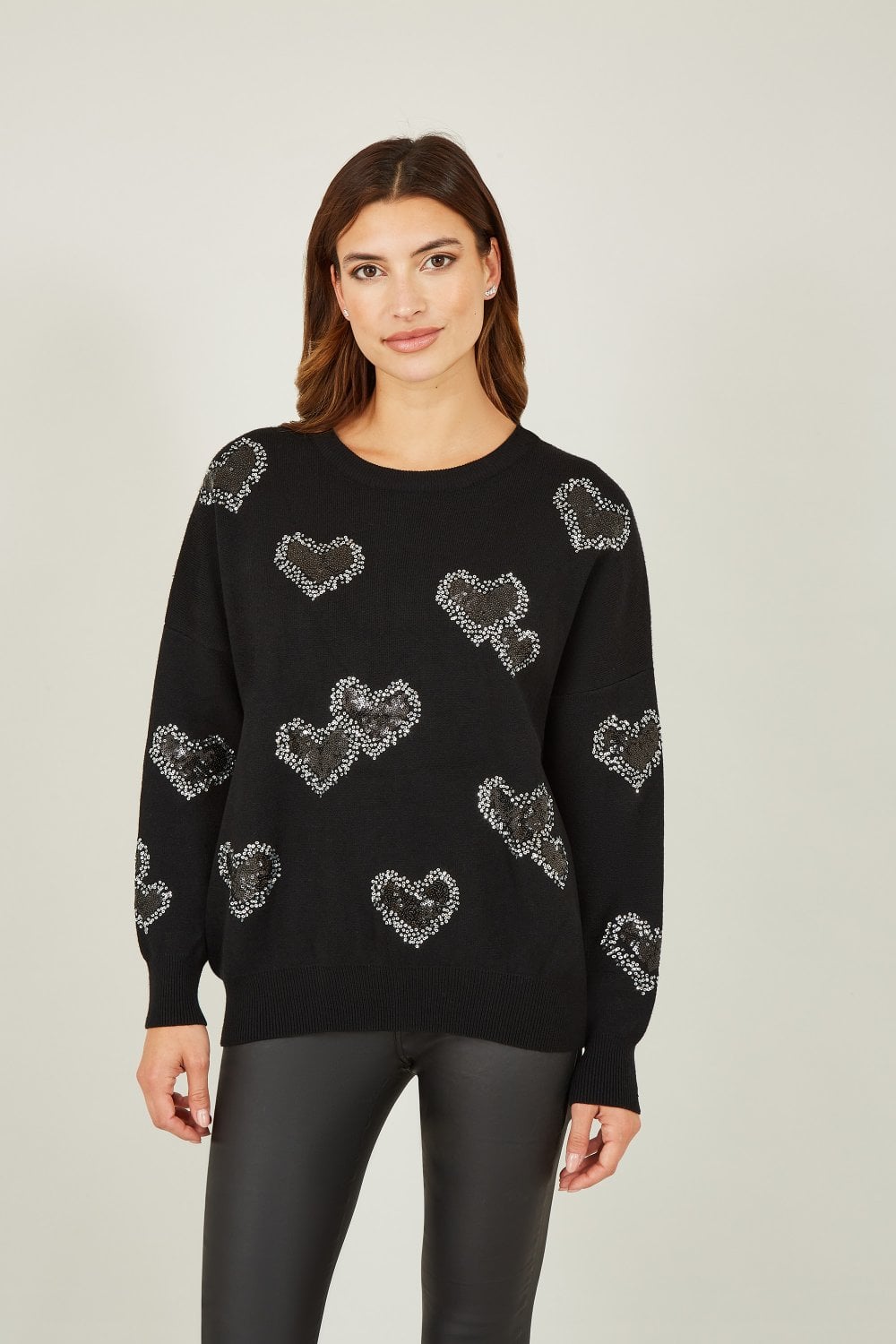 Yumi Black Sequin Heart Relaxed Jumper Yumi