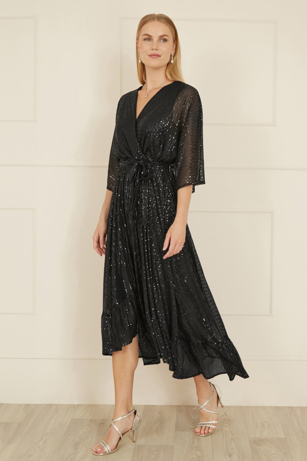 Yumi Black Sequin Kimono Midi Wrap Dress Yumi