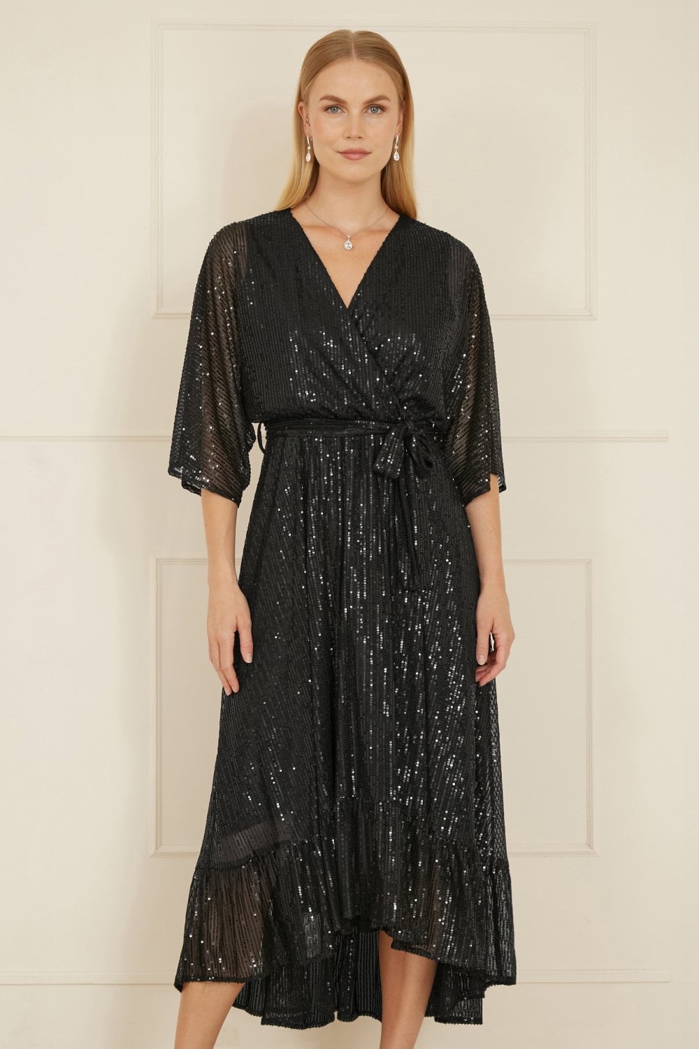 Yumi Black Sequin Kimono Midi Wrap Dress Yumi