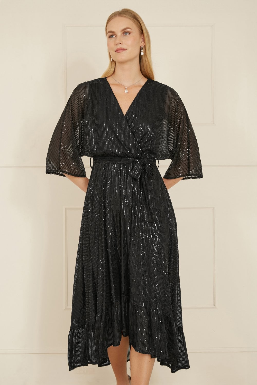 Yumi Black Sequin Kimono Midi Wrap Dress Yumi