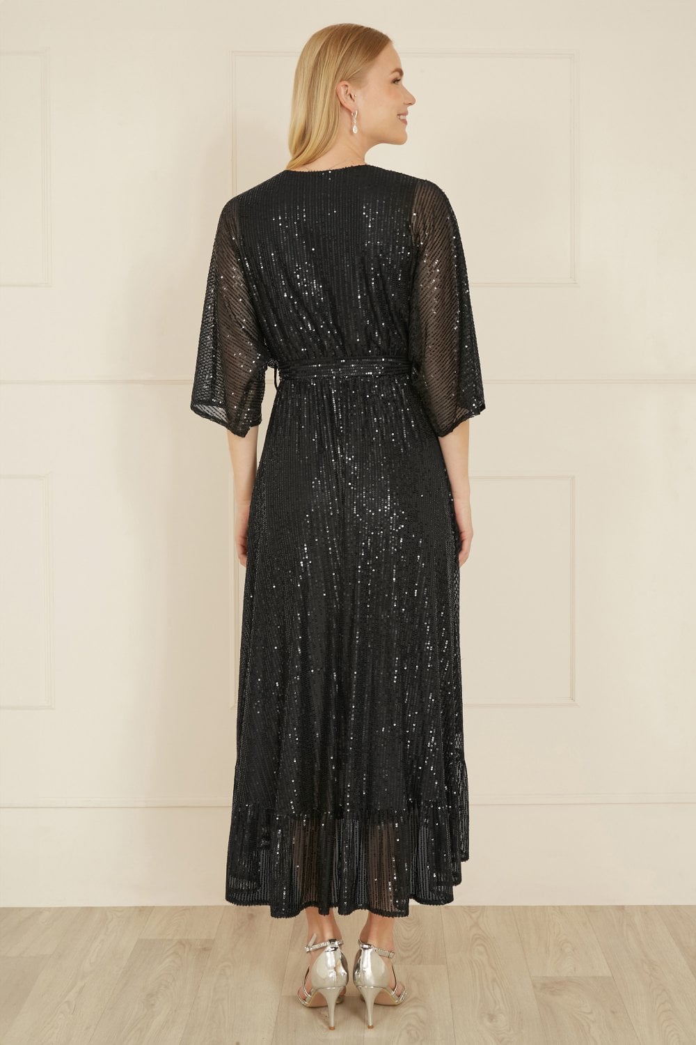 Yumi Black Sequin Kimono Midi Wrap Dress Yumi