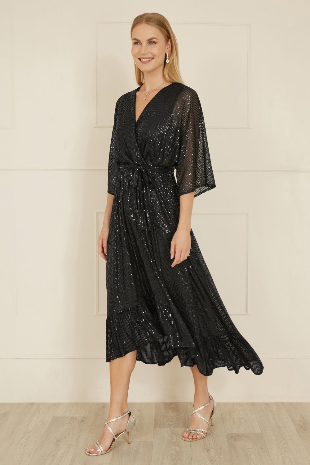 Yumi Black Sequin Kimono Midi Wrap Dress Yumi