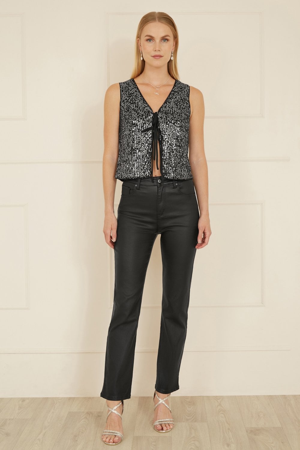 Yumi Black Sequin Tie Front Waistcoat Yumi