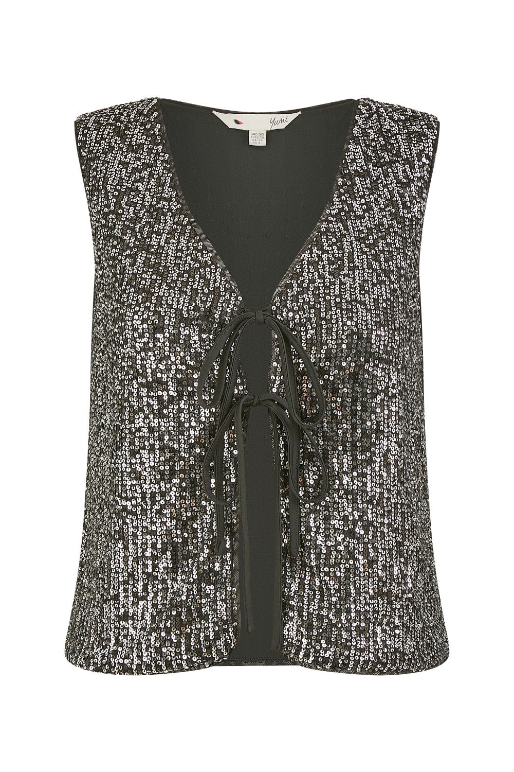 Yumi Black Sequin Tie Front Waistcoat Yumi