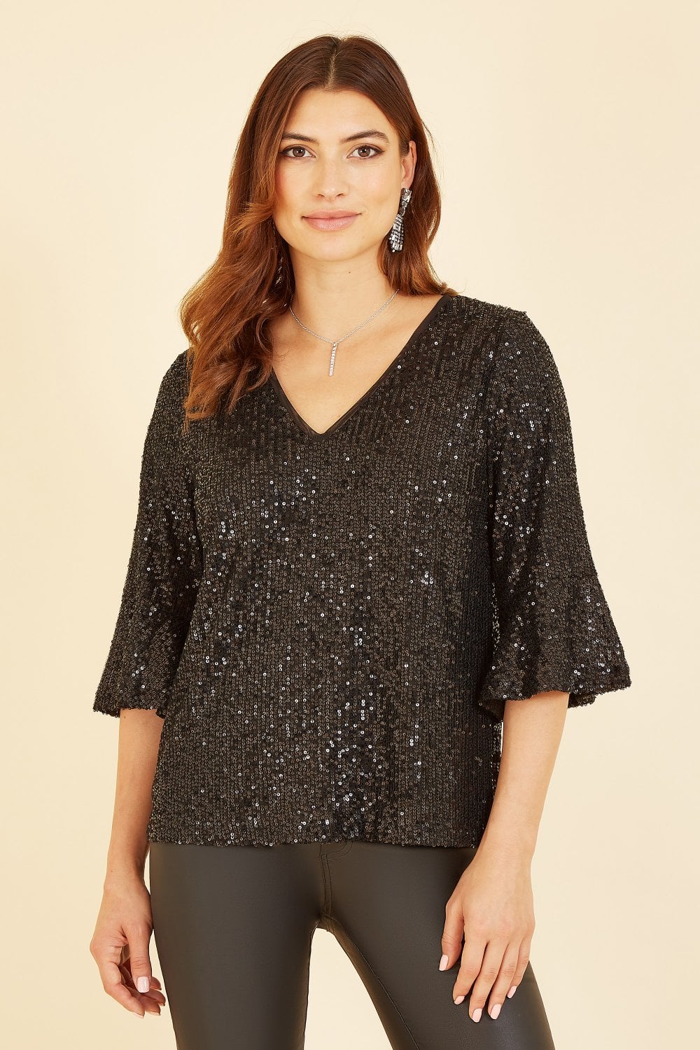 Yumi Black Sequin Top With Fluted Sleeve Yumi