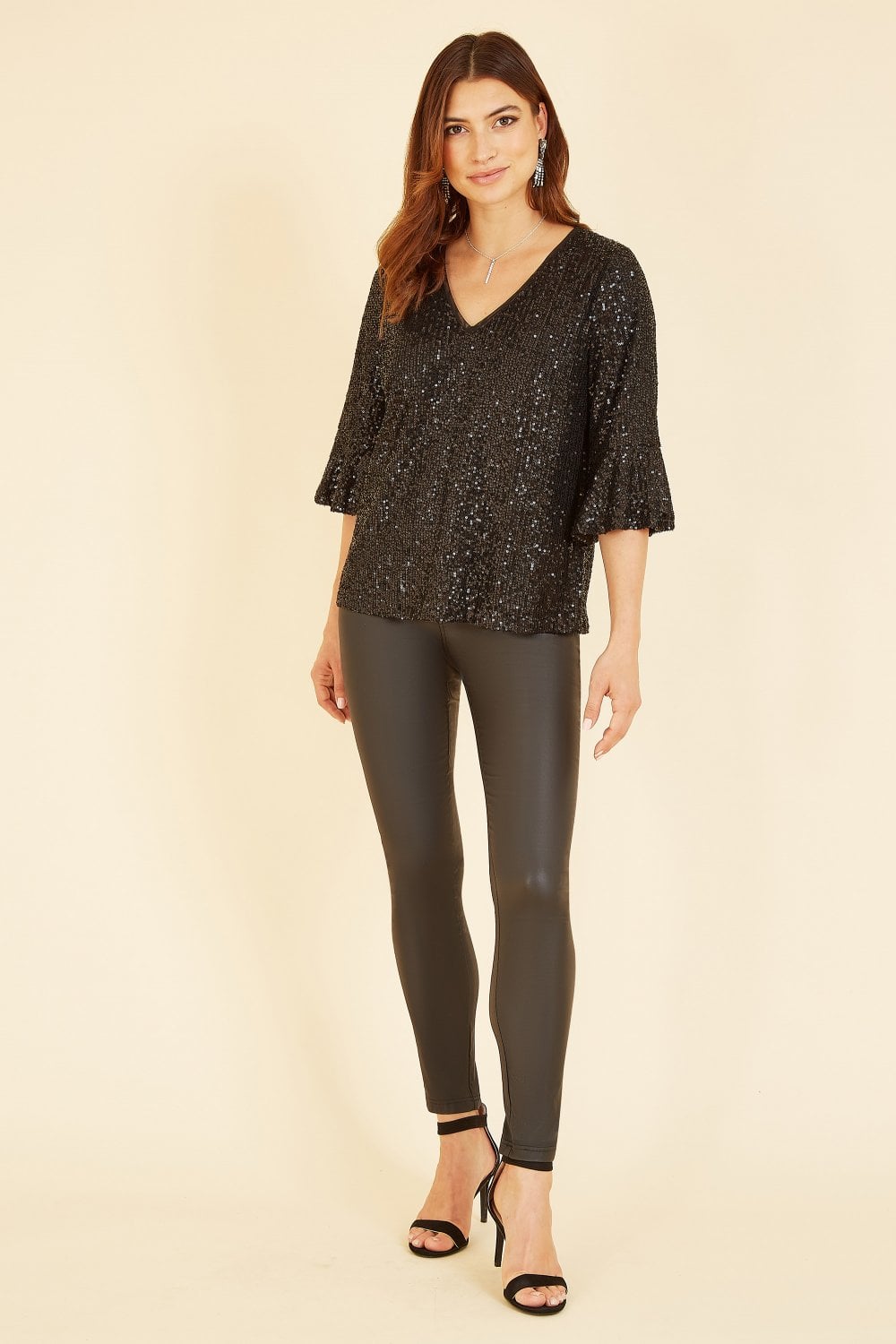 Yumi Black Sequin Top With Fluted Sleeve Yumi