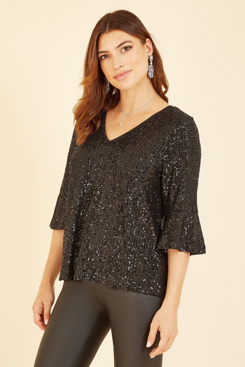 Yumi Black Sequin Top With Fluted Sleeve Yumi