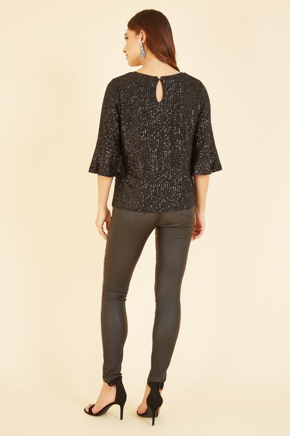 Yumi Black Sequin Top With Fluted Sleeve Yumi