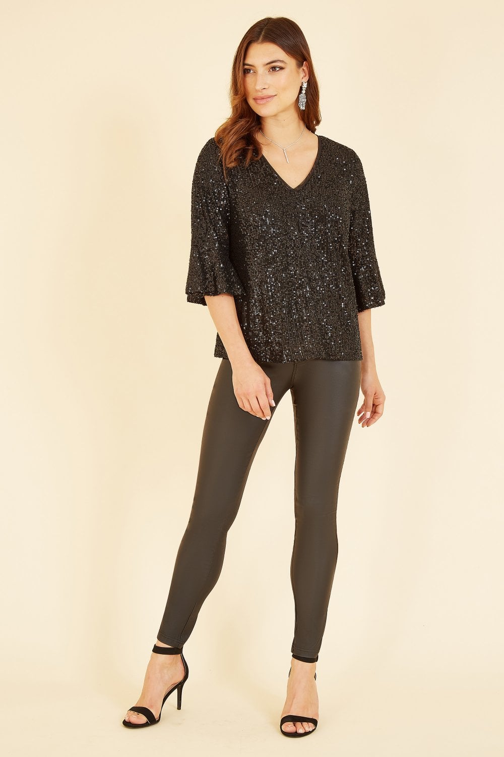 Yumi Black Sequin Top With Fluted Sleeve Yumi