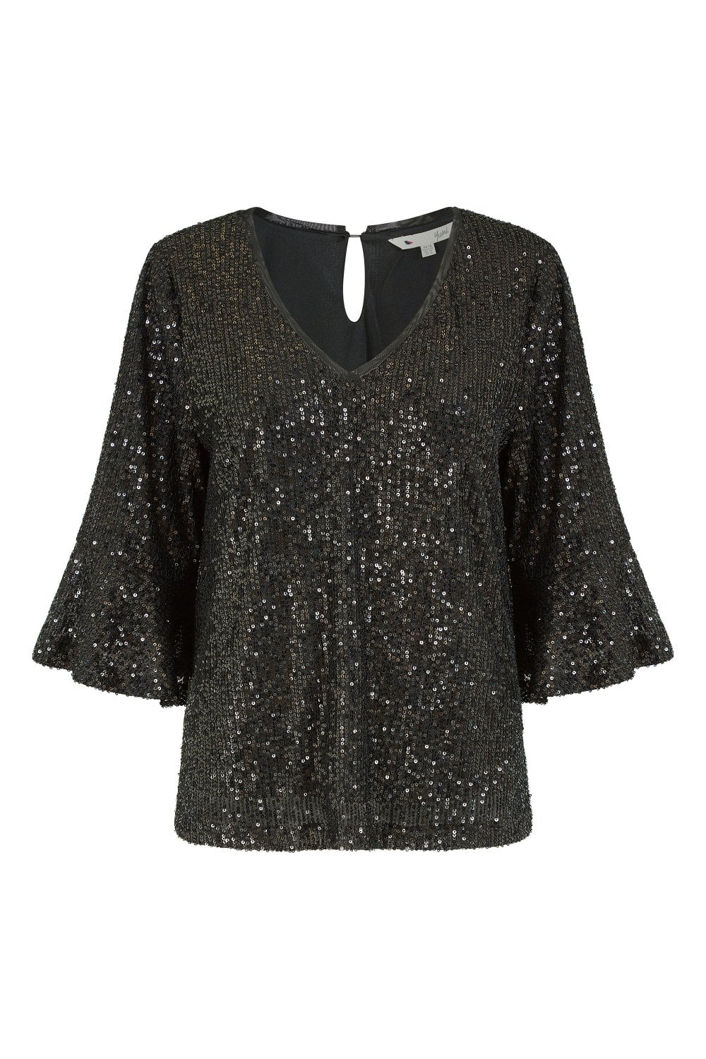 Yumi Black Sequin Top With Fluted Sleeve Yumi