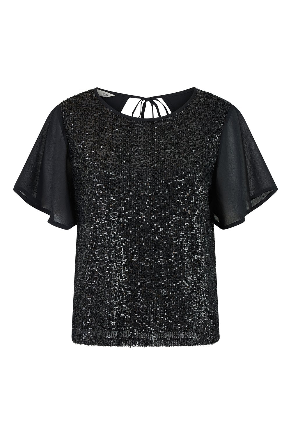 Yumi Black Sequin Top With Sheer Sleeves And Cut Out Back Yumi