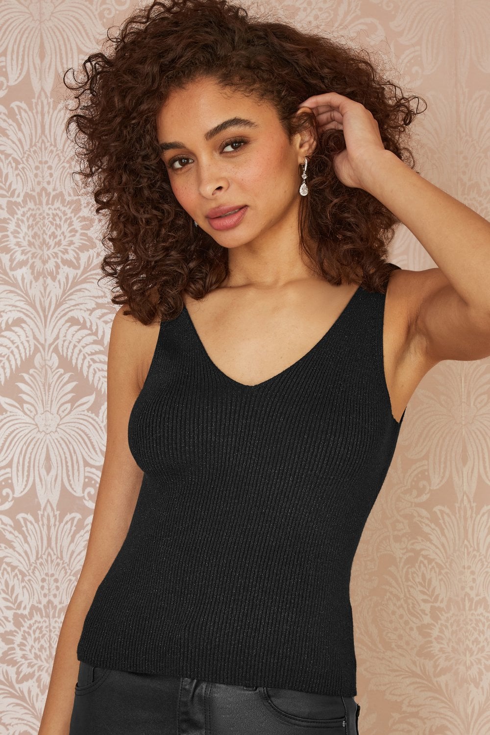 Yumi Black Sheer Roll Neck Jumper With Knitted Vest Top Yumi